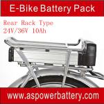 hot sale rechargeable lithium 36v 10ah ebike battery with rear rack-